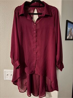 NWT City Chic 16W S Mulberry Burgundy Chiffon Flutter Lace High-Low Tunic Blouse